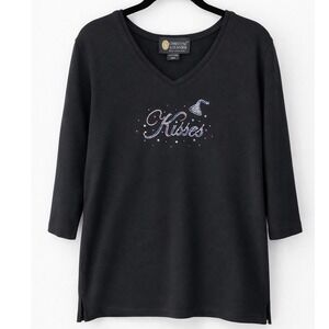 Christine Alexander Black Rhinestone Kisses Shirt‎ Top  Large Glam Sparkle Knit